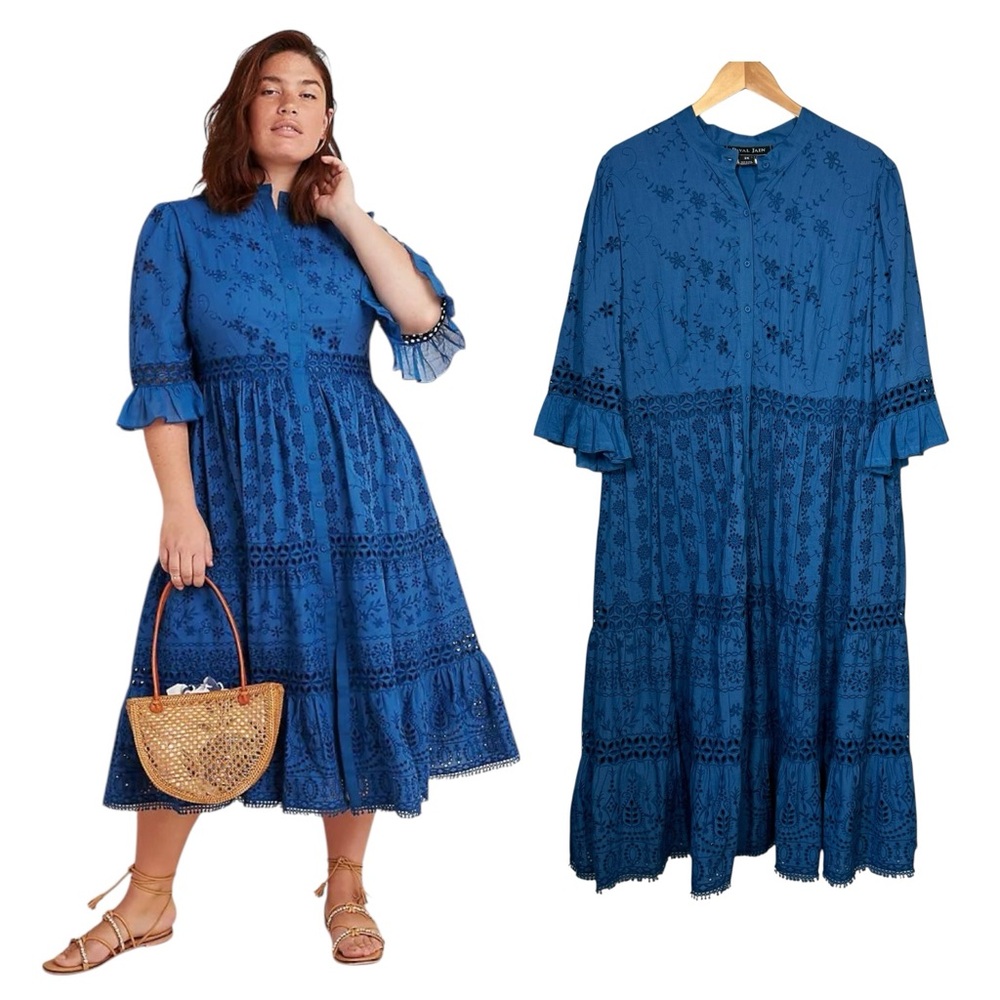 Anthropologie Robin Tiered Eyelet Midi Dress Sz 2XL coastal vacation cottage